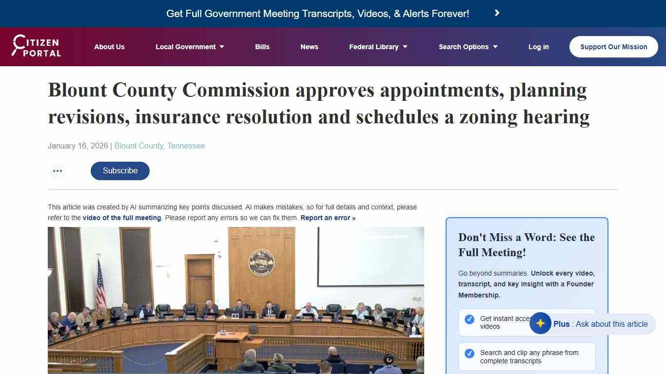 CitizenPortal.ai - Blount County Commission approves appointments, planning revisions, insurance resolution and schedules a zoning hearing