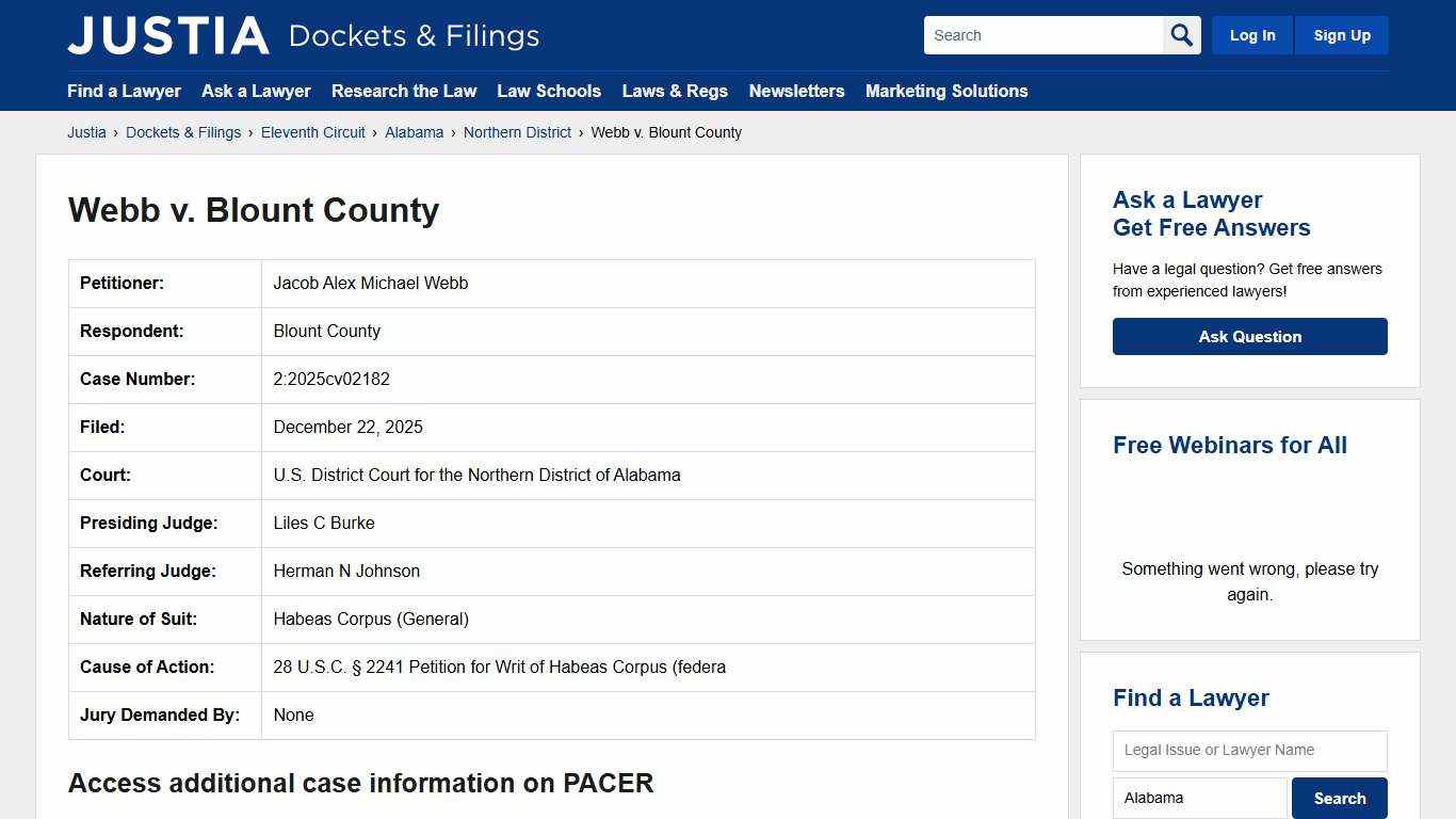 Webb v. Blount County 2:2025cv02182 | U.S. District Court for the Northern District of Alabama | Justia